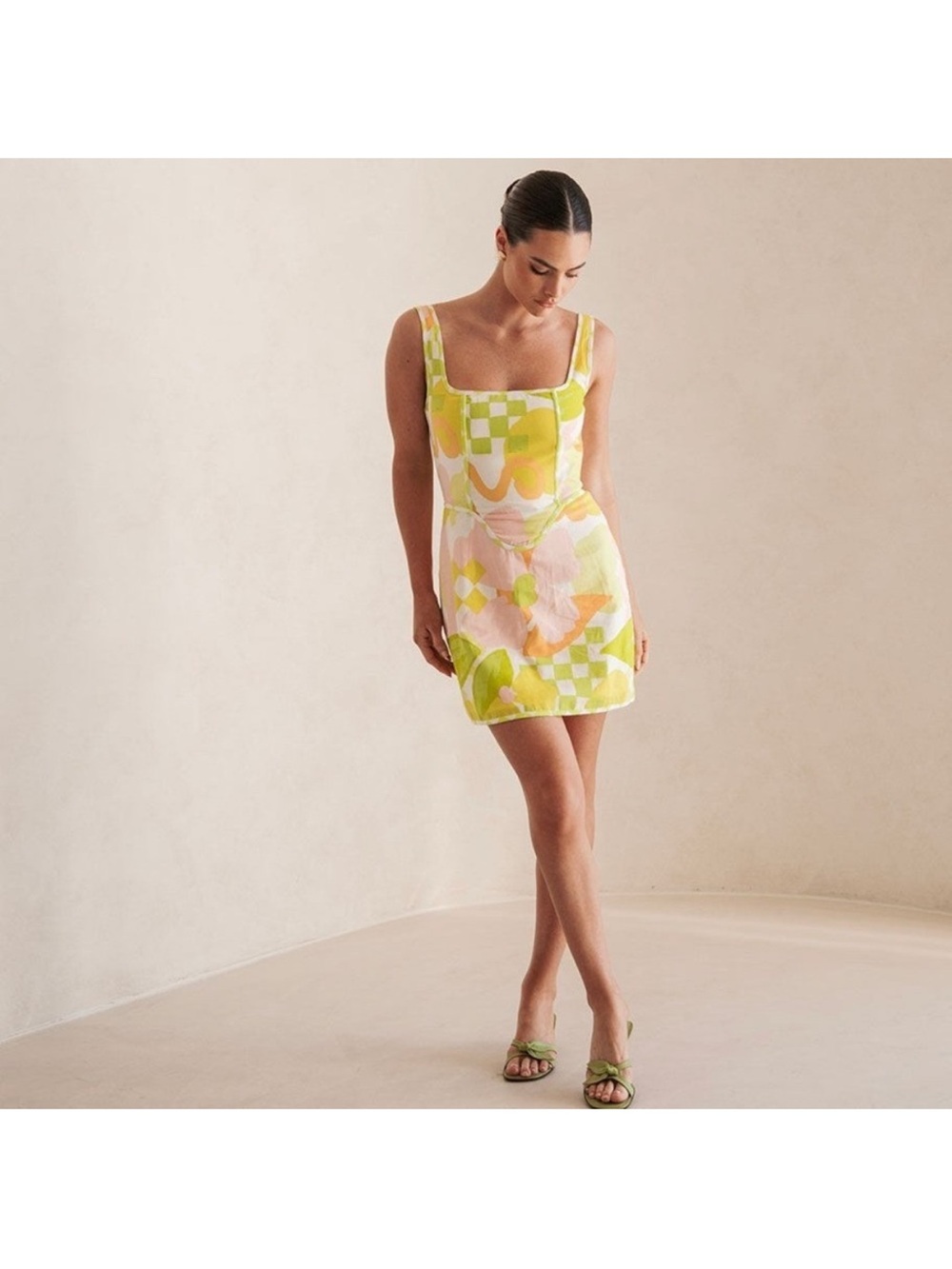 Sabo Skirt Tyler Dress - Mini Checker Floral Retro Lime Green Yellow Linen XS